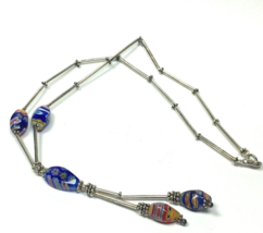Vintage MILLEFIORI Blue Flower Beads Silver Tone 15&quot; Necklace  - £18.76 GBP