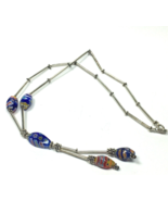 Vintage MILLEFIORI Blue Flower Beads Silver Tone 15&quot; Necklace  - £18.96 GBP