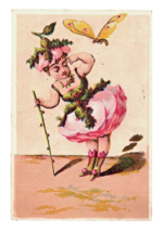 Victorian Trade Card 1880&#39;s Lady Rose Petal Leaves Dress Hat Yellow Butt... - £7.90 GBP