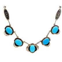 Vintage Signed Gfis Mexico Sterling Oval Turquoise Leaf Panel Link Necklace 16 - £177.41 GBP