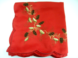 Christmas Tablecloth w Embroidered &amp; Cut Out Holly Leaves 50&quot; x 68&quot; Scalloped - £14.23 GBP