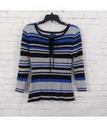 Questions Say What Sweater Women Medium Blue Gray Striped 3/4 Sleeve Lac... - $24.99
