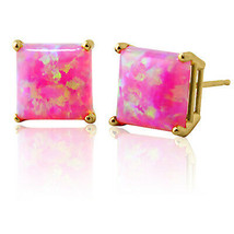 4mm 5mm 6mm 7mm 14K Solid Yellow Gold Princess Cut Pink Opal Stud Earrings - £22.60 GBP
