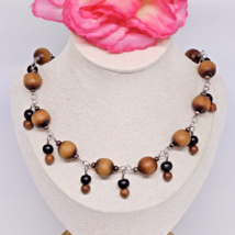 925 Sterling Silver - Vintage Brown Wood Beaded Choker Necklace - $22.95