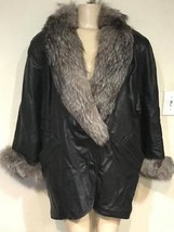 Women&#39;s Outerwear Winter Sliver Fox fur 100% leather black Jacket Coat size XL - £382.26 GBP