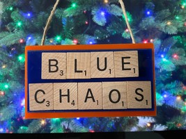 Blue Chaos Christmas Ornament Boise Bronocos Scrabble HandCrafted Made in USA - £7.76 GBP