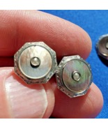 VINTAGE KREMENTZ ART DECO ENGRAVED PEARL CUFF LINKS OCTAGON DESIGN - $470.25