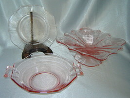 Mixed Lot (3) Pink Depression Glass Pcs: Handled Bowl, Etched Saucer, Candy Dish - £15.58 GBP