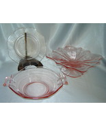 Mixed Lot (3) Pink Depression Glass Pcs: Handled Bowl, Etched Saucer, Ca... - $19.50