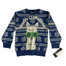 Happy Llamakkah Kids Size XS Sweater Blue Long Sleeve Christmas Glasses NEW - £14.62 GBP