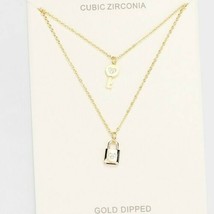 Gold Cubic Zirconia Layered Necklace Charms Lock and Key Pendant Statement Chain - £23.81 GBP