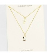 Gold Cubic Zirconia Layered Necklace Charms Lock and Key Pendant Stateme... - £23.53 GBP