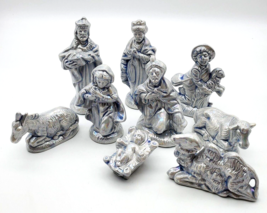 Vintage Nativity Set 9 Piece Ceramic Mold Blue White Pearlized Glossy EUC Camel - £22.33 GBP