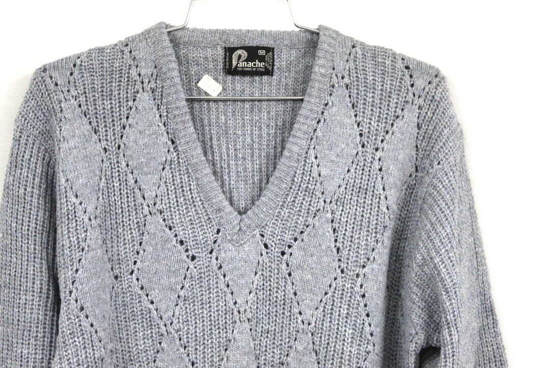 Vintage 70s Panache USA Wool Acrylic Blue Gray V-Neck Sweater M NWT Item image 2