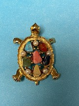 Vintage Sara Coventry Signed Goldtone Turtle w Colorful Stone Nuggets Shell Broo - £10.52 GBP