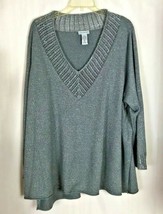 Catherines Women&#39;s V-Neck Sweater Size 3x 26/28W Silver Gray Fine Metallic Knit - $22.53