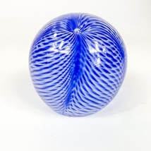 CORREIA Art Glass Blue &amp; White Pulled Feather Stripes Paperweight Signed - £57.99 GBP