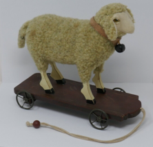 Folk Art Style Child&#39;s Lamb Sheep Rolling Pull Toy Iron Wheels and Wood Cart - £236.06 GBP