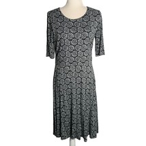 LOFT Knit Paisley Midi Dress M Black 3/4 Sleeve Round Neck Zip Stretch Rayon - £18.32 GBP