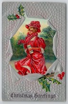 Christmas Greetings Beautiful Victorian Woman Red Dress Silvertone Postcard T28 - $14.95