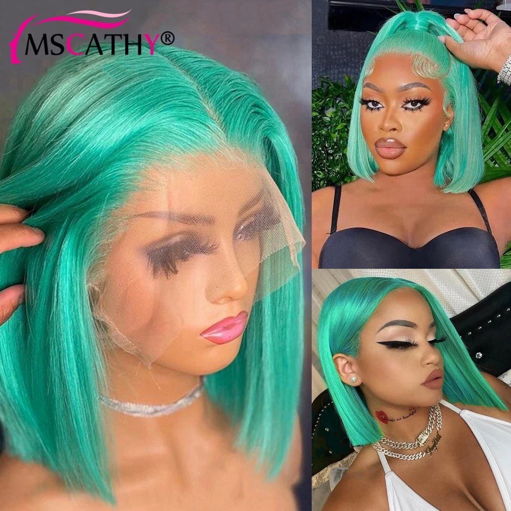Mint Green Short Bob 13x4 Lace Front Wig Remy Human Hair Glueless Dark Purp - £58.82 GBP+
