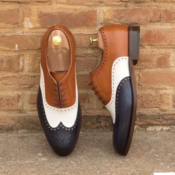 Men Oxford Three Tone Black White Brown Brogue Toe Wing Tip Leather Shoe US 7-16