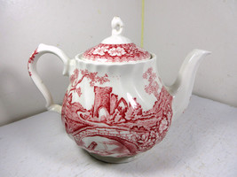 Vintage Sadler Windsor Brigadoon Teapot White Red Bridge Castle Scene Fine China - £31.10 GBP