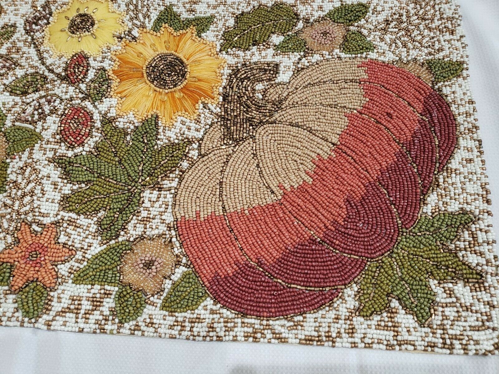 Tahari Thanksgiving Fall Beaded Pumpkin Sunflowers Table Runner Decor 13x36 - $64.34