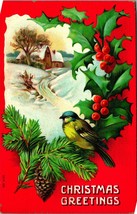 Pine Bough Sparrow Cabin Scene Christmas Greetings Embossed 1909 DB Postcard  - £3.11 GBP