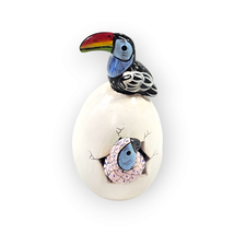 Hatched Egg Pottery Bird Pink Parrot Black Toucan Mexico Hand Painted Si... - $14.83