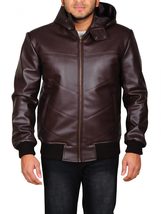 Highschool Men&#39;s Black Leather Jacket With Hood | Men&#39;s Black Hooded Lea... - $199.00