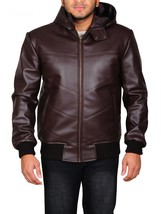 Highschool Men&#39;s Black Leather Jacket With Hood | Men&#39;s Black Hooded Lea... - £155.84 GBP