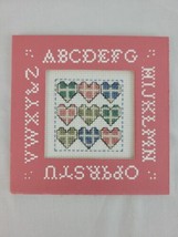 Love Sampler Embroidered Finished Card Matted ABC Love Pink Vtg Valentines - $8.95