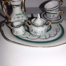 Miniature Green Trim Pink Rose Collectible Porcelain Tea Set 10pc Teapot Teacups - £9.49 GBP
