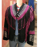 Women Western Wear Cowgirl Black Leather With Pink Fringes &amp; Trim Jacket... - £118.66 GBP