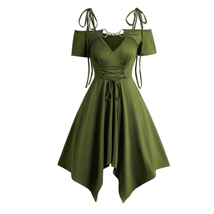 Wicked Silk Olive Green Fairy Peasant Golden Neck Chain Lace Up Dress L ... - £23.16 GBP