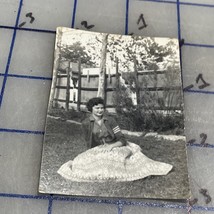 Vintage Photograph 1950s Woman On Lawn Letterman Sweater Black And White - $196.09 MXN