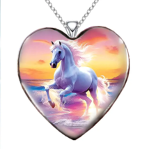 White Horse in the Water Heart Pendant Necklace - New - £13.58 GBP