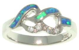 Jewelry Trends Sterling Silver Created Blue Opal and Clear CZ Linked Hearts Ring - £28.31 GBP