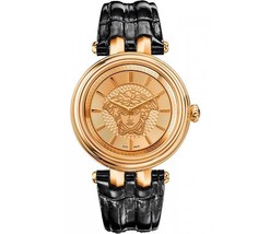 Versace Women&#39;s Vqe030015 Khai Gold Ip Black Leather Wristwatch - £2,080.10 GBP