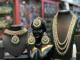 Gold Plated Kundan Bridal Jewelry Necklace Set Bollywood Indian Green Chandbali - £37.55 GBP