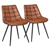 2Pcs Modern Dining Chair Pu Leather Armless Chair With Metal Legs, Brown - £133.48 GBP