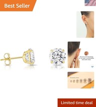 Luxury 14K Gold Round Cubic Zirconia Stud Earrings with Adjustable Push ... - $97.49