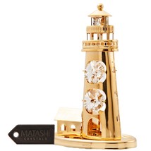 24k Gold Plated Mini Lighthouse Ornament Made with Genuine Matashi Crystals - £20.82 GBP