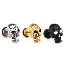 Mens Unisex Punk Gothic Stainless Steel Skull Skeleton Screw Back Stud Earrings - £7.94 GBP+