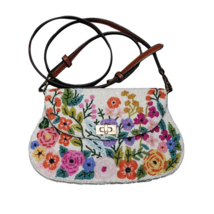 nwt-Leather Strap Ivory Floral Beaded Crossbody - £144.45 GBP