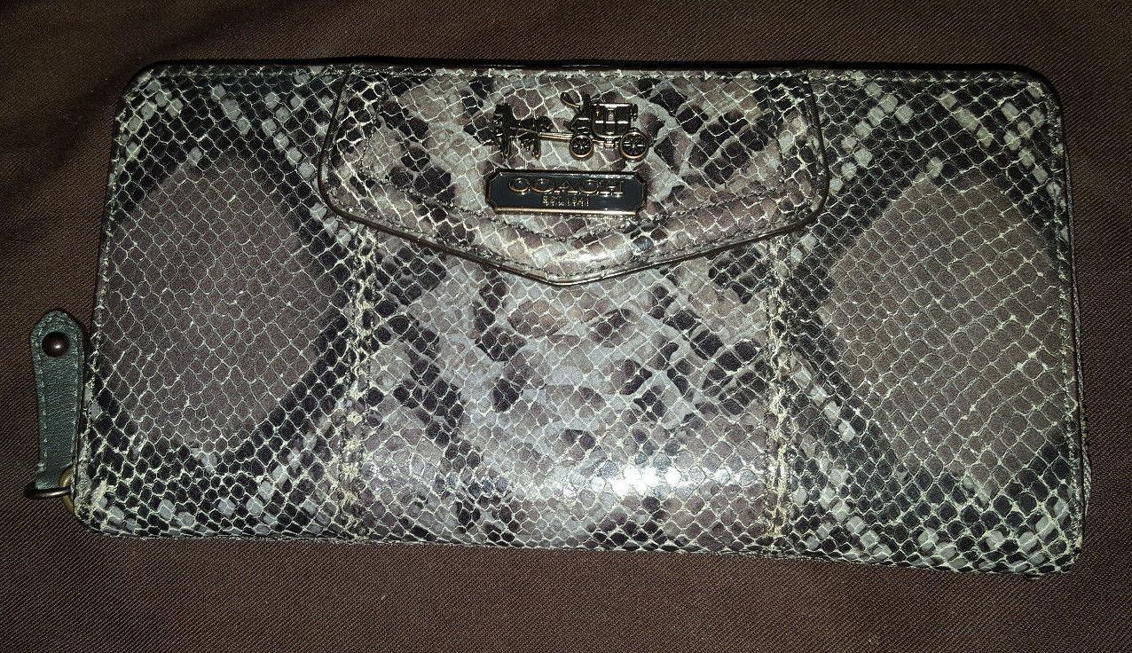 Coach Madison embossed python accordion zip around gray leather wallet 44399