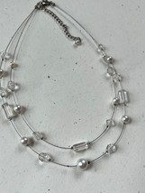 Double Strand Thin Silvertone Chain w Faux White Pearl &amp; Clear Plastic Bead Neck - £9.02 GBP