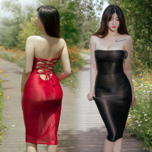 Women Sexy Wet Look Satin Bodycon Shiny Long Skirt buttocks Sheer Cockta... - £14.03 GBP