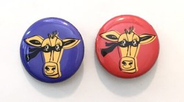 Niche Pin Cartoon Masked Cow 1.25&quot; Lot of 2 Red and Blue/Purple - £5.26 GBP